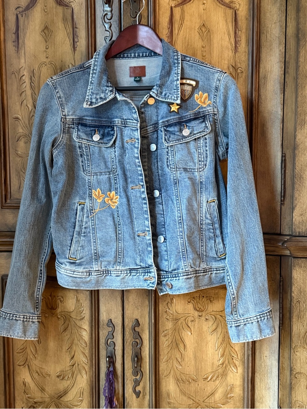 Ralph Lauren Double RL Blue Denim Jacket with Yellow Floral Accents